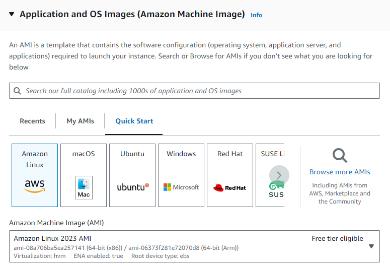 Bảng Application and OS Image - Amazon S3