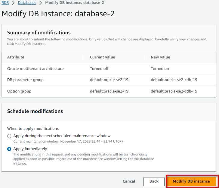 Chọn Modify DB Instance để xác nhận
