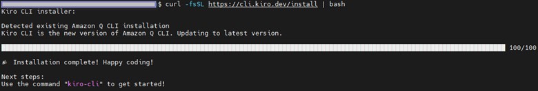 Màn hình terminal hiển thị quá trình cài đặt Kiro CLI thành công