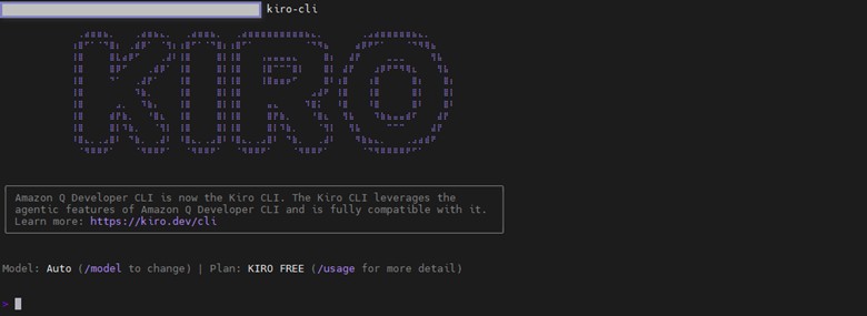 Giao diện màn hình chào mừng Kiro CLI trên terminal sau khi đăng nhập thành công