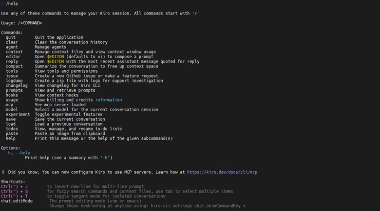 Danh sách các câu lệnh và phím tắt hỗ trợ trong Kiro CLI